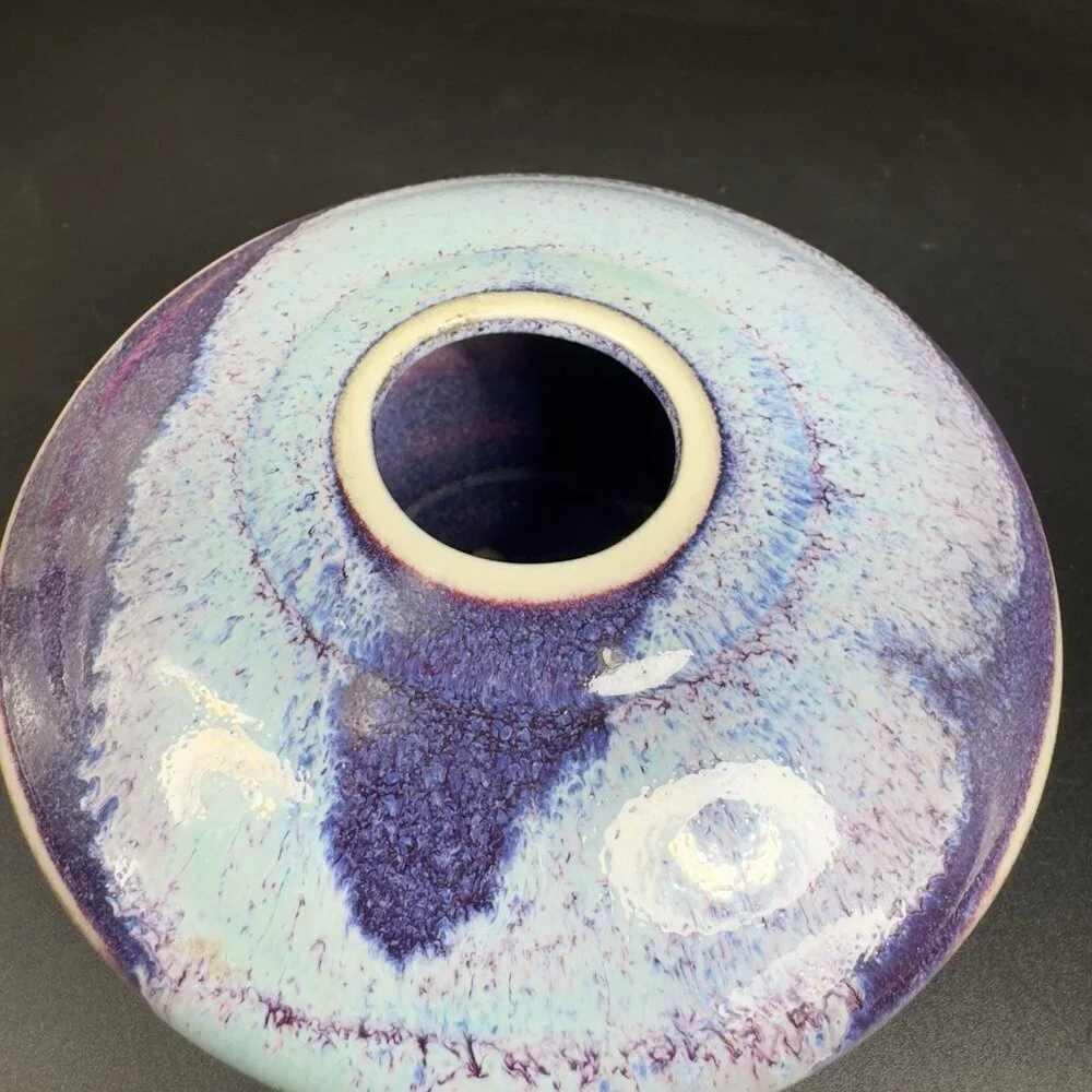 Vintage Hand Made Studio Art Pottery‎ Flat Vase Vessel Multicolor Glaze Vase VTG